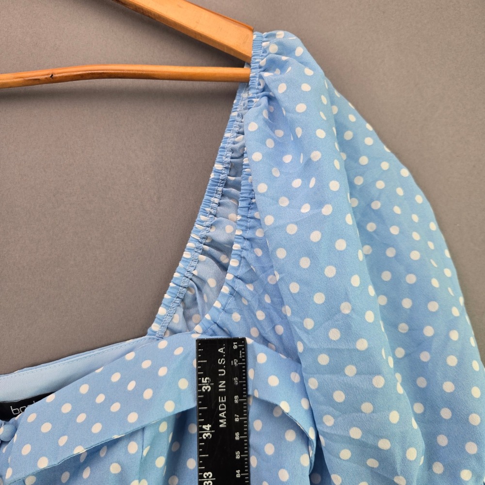 Boohoo Polka Dot Mini Dress Puff Sleeve Ruffle Hem Size 10 Blue White Vintage - Picture 2 of 7